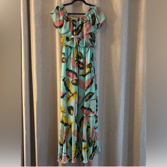 Express Teal Tropical print Off-Shoulder High Low Fit Flare Lined Dress Size S - Picture 4 of 10